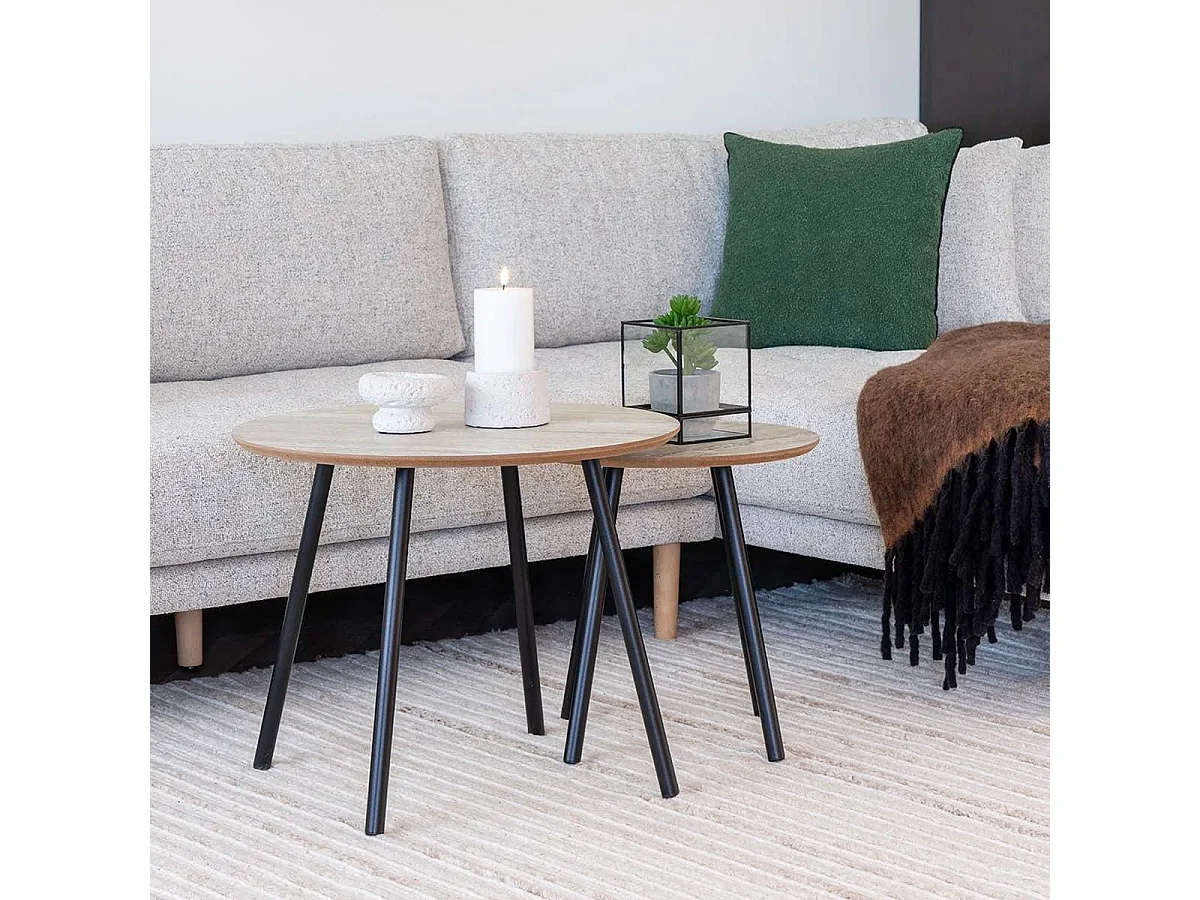 HARRIA - Table basse Ø55cm Plateau Aspect Travertin Pieds Métal Noir