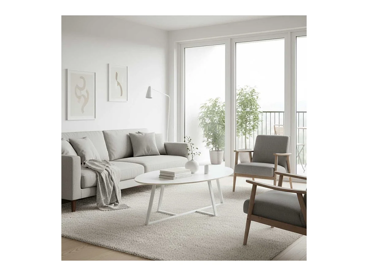 VIKASH - Table Basse Plateau en Céramique Effet Marbre Blanc Piétement Métal Blanc