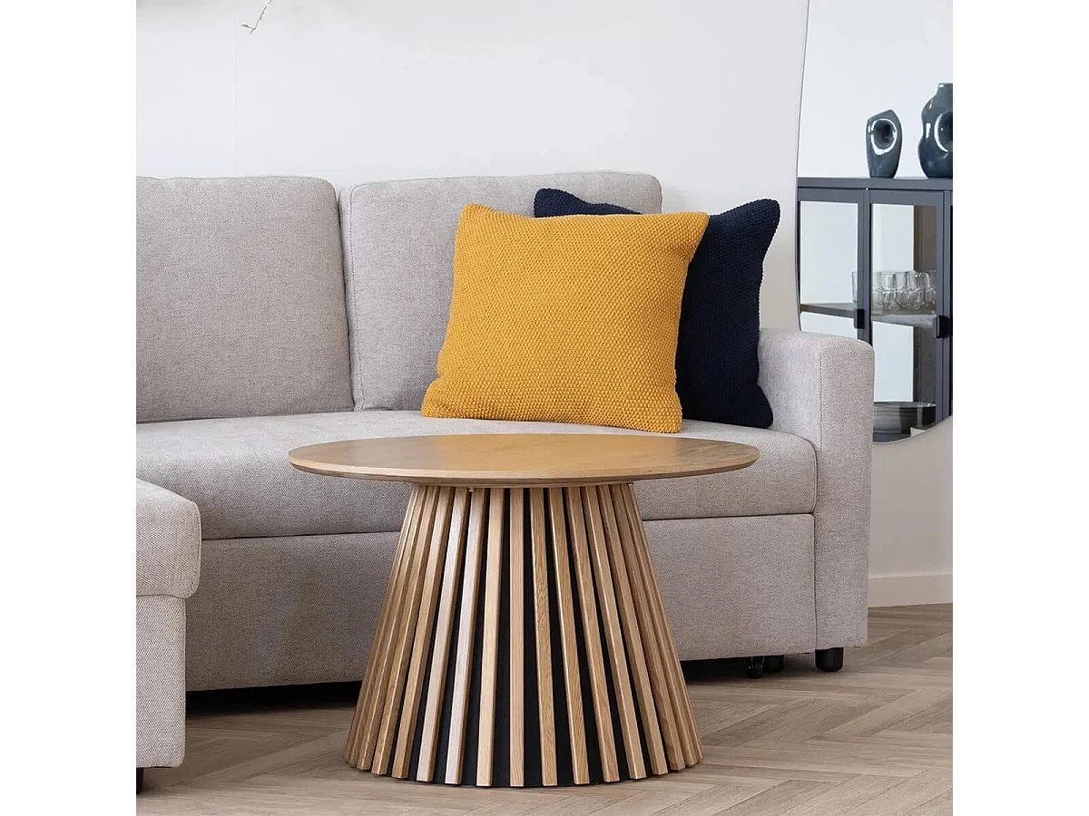 DUBLIN - Table basse Ronde Pied Central Relief MDF Placage Chêne clair