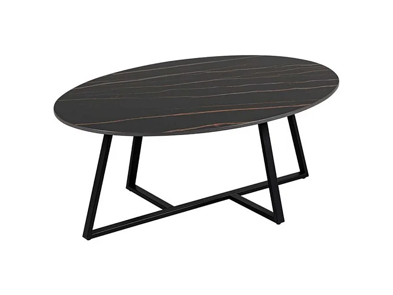 VIKASH - Table Basse Plateau en Céramique Effet Marbre Noir Piétement Métal Noir