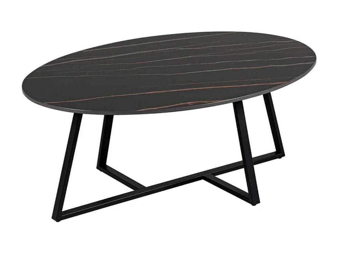 VIKASH - Table Basse Plateau en Céramique Effet Marbre Noir Piétement Métal Noir