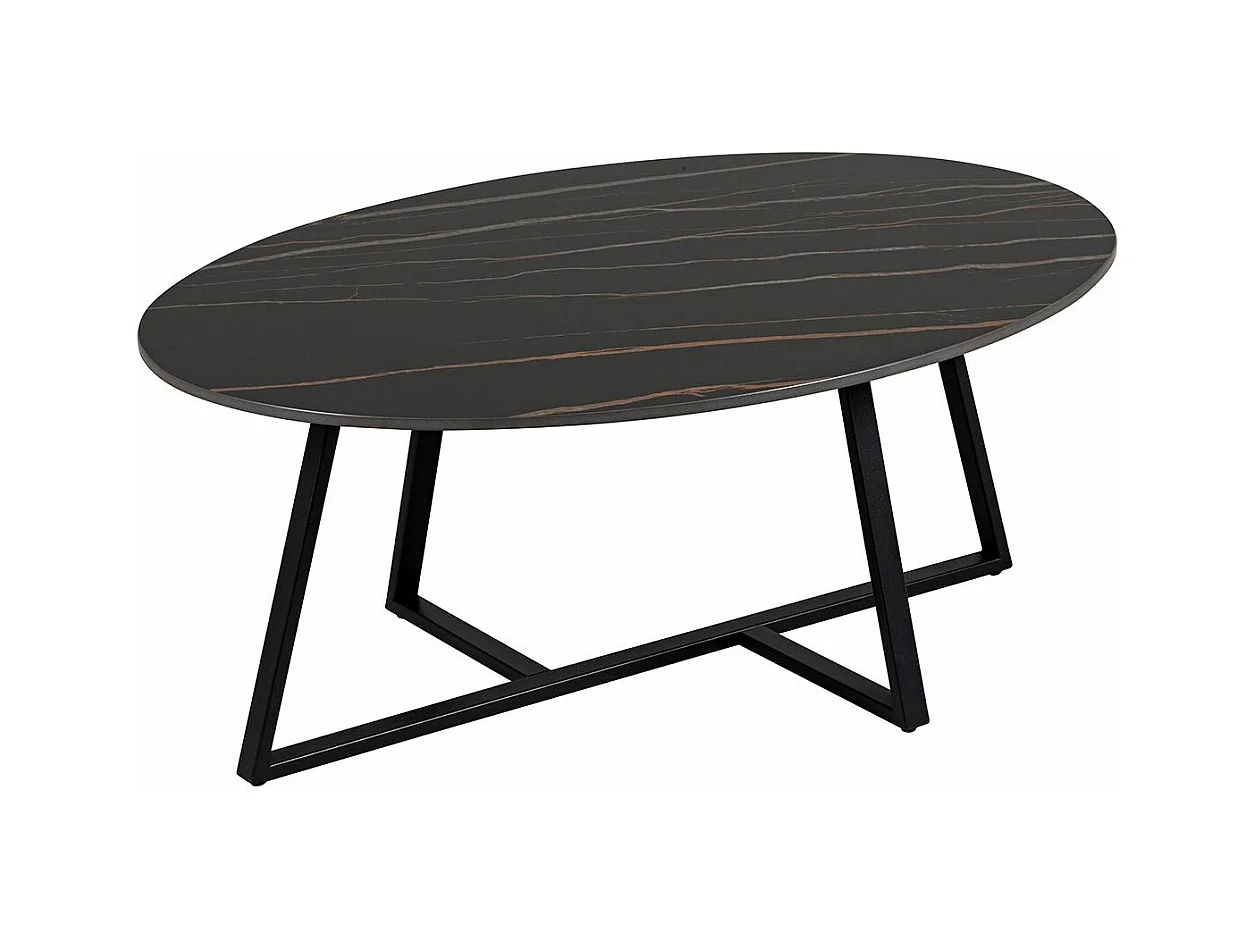 VIKASH - Table Basse Plateau en Céramique Effet Marbre Noir Piétement Métal Noir