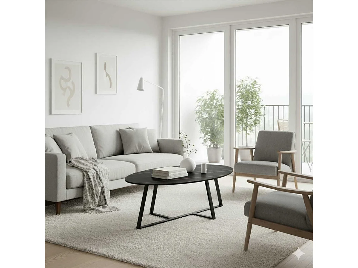 VIKASH - Table Basse Plateau en Céramique Effet Marbre Noir Piétement Métal Noir