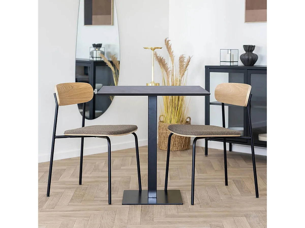 BISTRO - Table Carrée Plateau Mélaminé Noir Pied Central Métal Noir