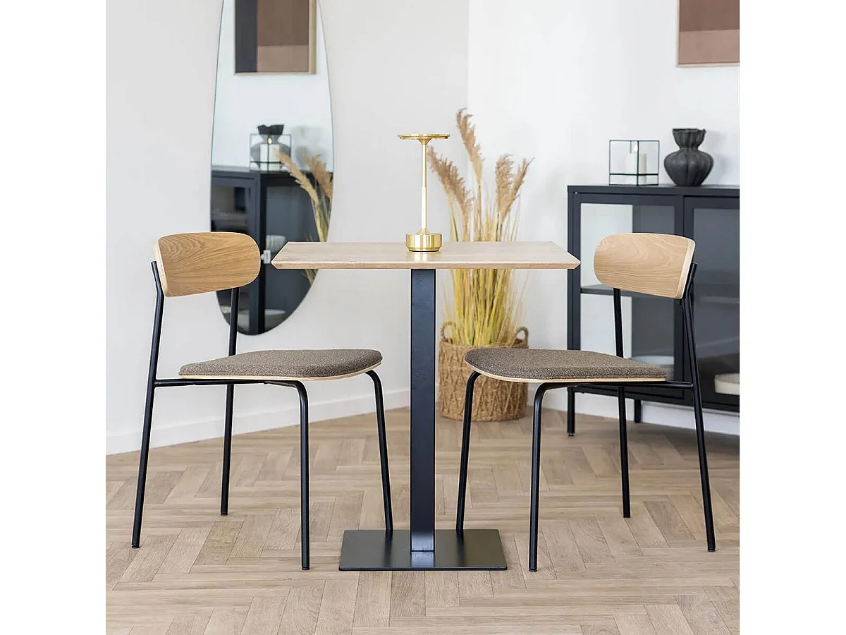 BISTRO - Table Carrée Plateau Mélaminé Effet Bois Pied Central Métal Noir