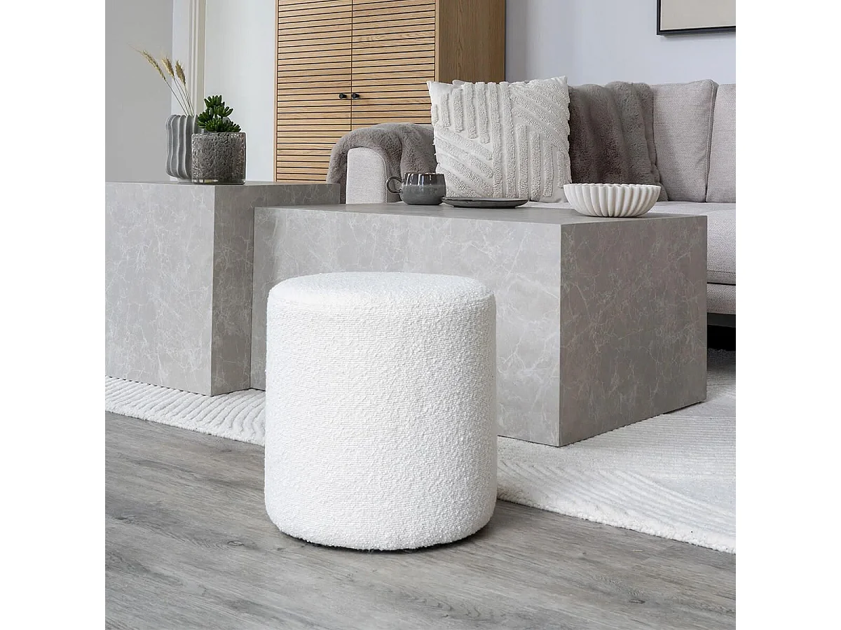 BUBBEL - Pouf Rond Ø34cm en  Tissu Bouclé Coloris Blanc