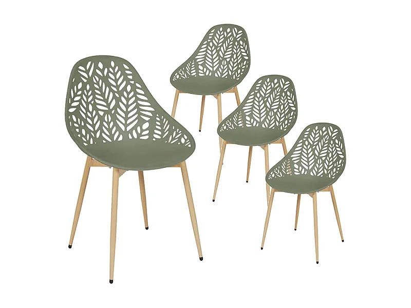 SAYA - Lot de 4 Chaises de Jardin Coque Plastique Ajourée Vert Olive Pieds Métal