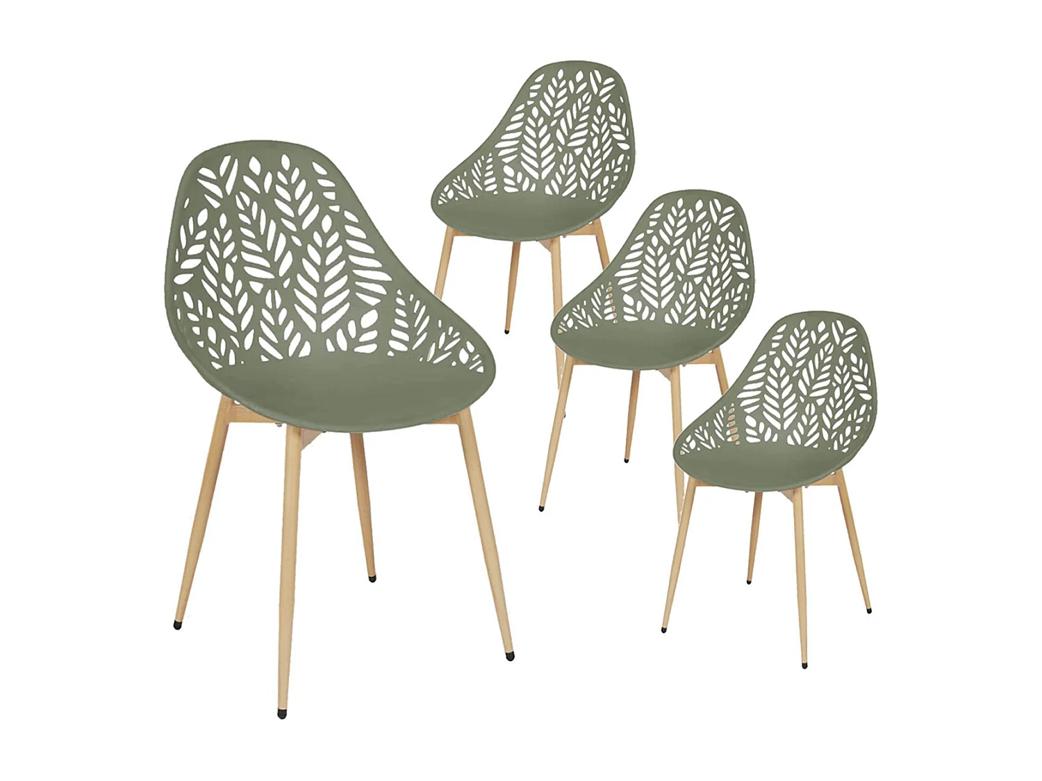 SAYA - Lot de 4 Chaises de Jardin Coque Plastique Ajourée Vert Olive Pieds Métal