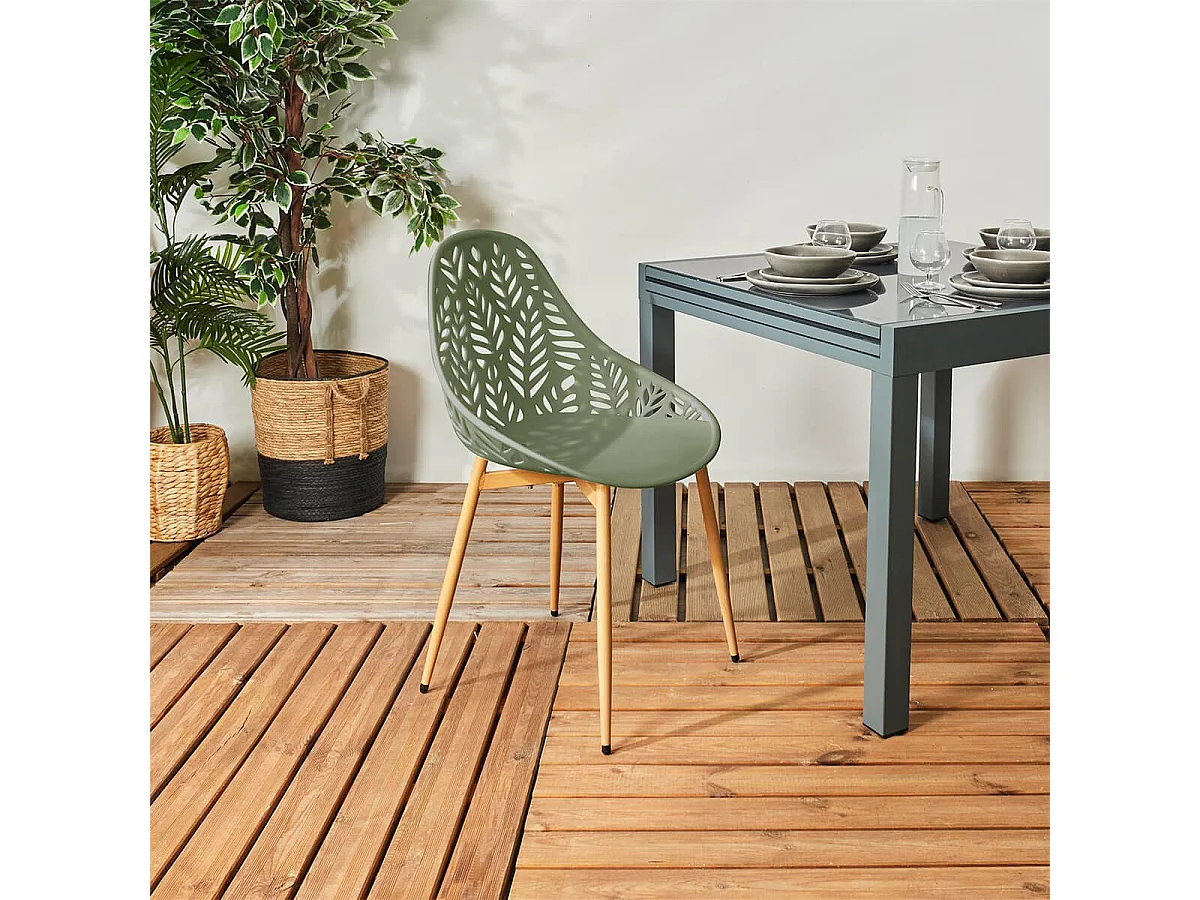 SAYA - Lot de 4 Chaises de Jardin Coque Plastique Ajourée Vert Olive Pieds Métal