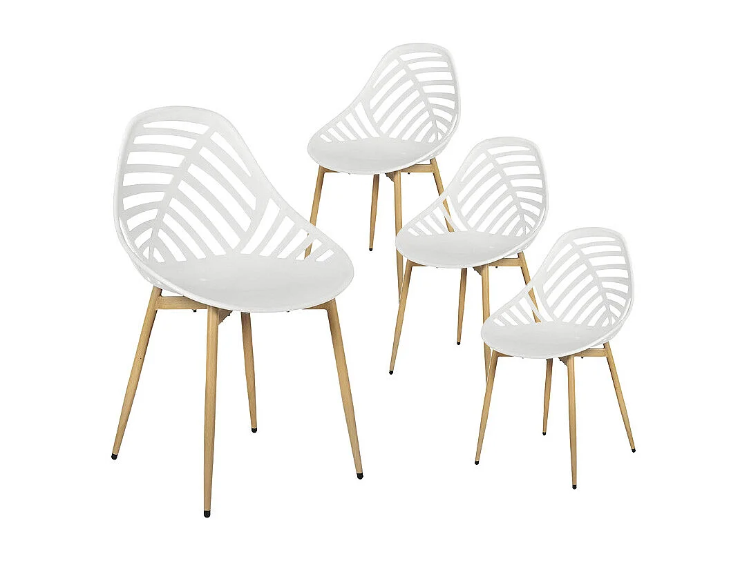 SAORI - Lot de 4 Chaises de Jardin Coque Plastique Ajourée Blanc Pieds Métal