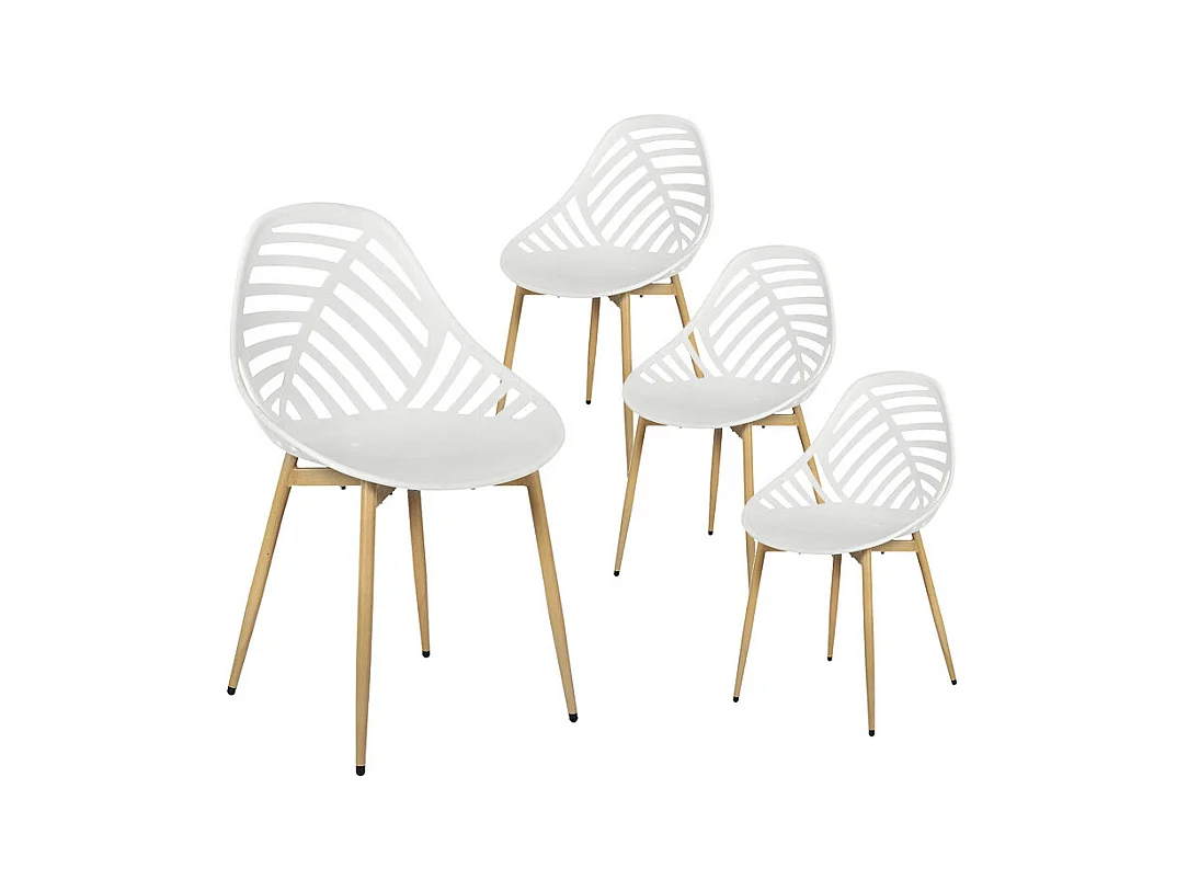 SAORI - Lot de 4 Chaises de Jardin Coque Plastique Ajourée Blanc Pieds Métal