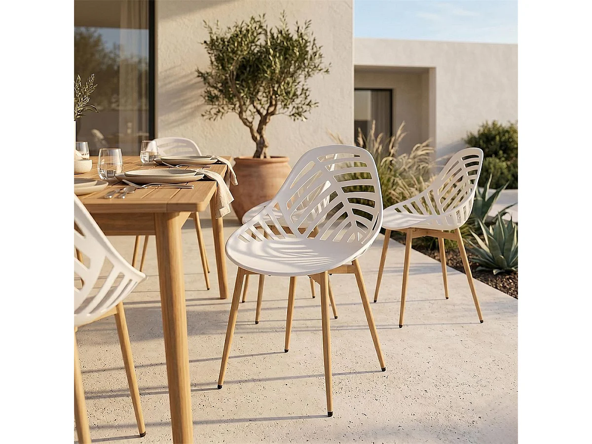 SAORI - Lot de 4 Chaises de Jardin Coque Plastique Ajourée Blanc Pieds Métal