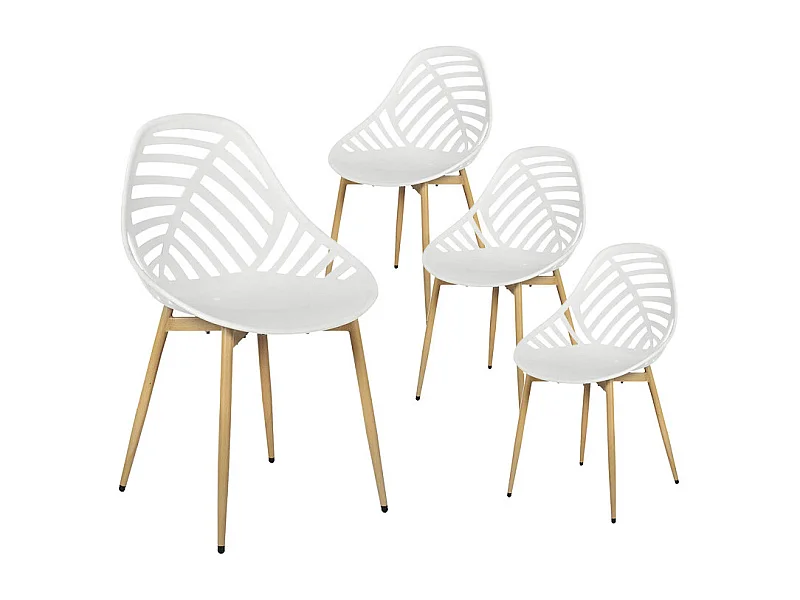 SAORI - Lot de 4 Chaises de Jardin Coque Plastique Ajourée Blanc Pieds Métal