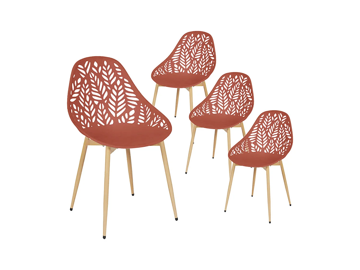 SAYA - Lot de 4 Chaises de Jardin Coque Plastique Ajourée Terracotta Pieds Métal