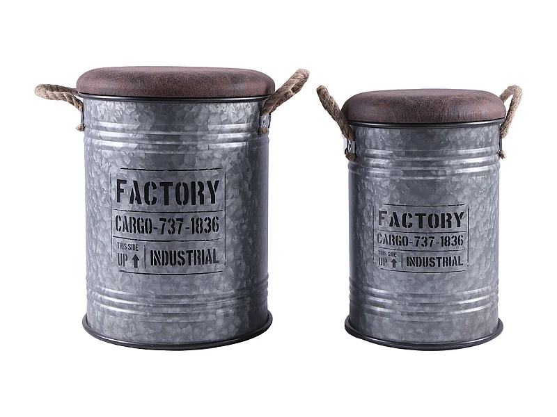 Set de 2 coffres de rangement en métal argenté et PU coloris marron