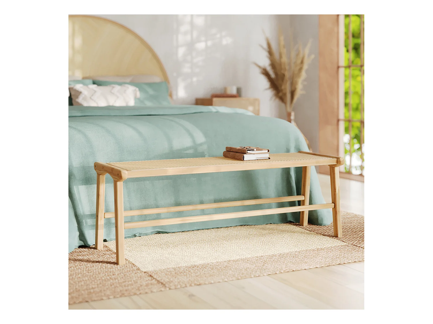 Banc 120 cm en bois de teck et cannage - Kuna