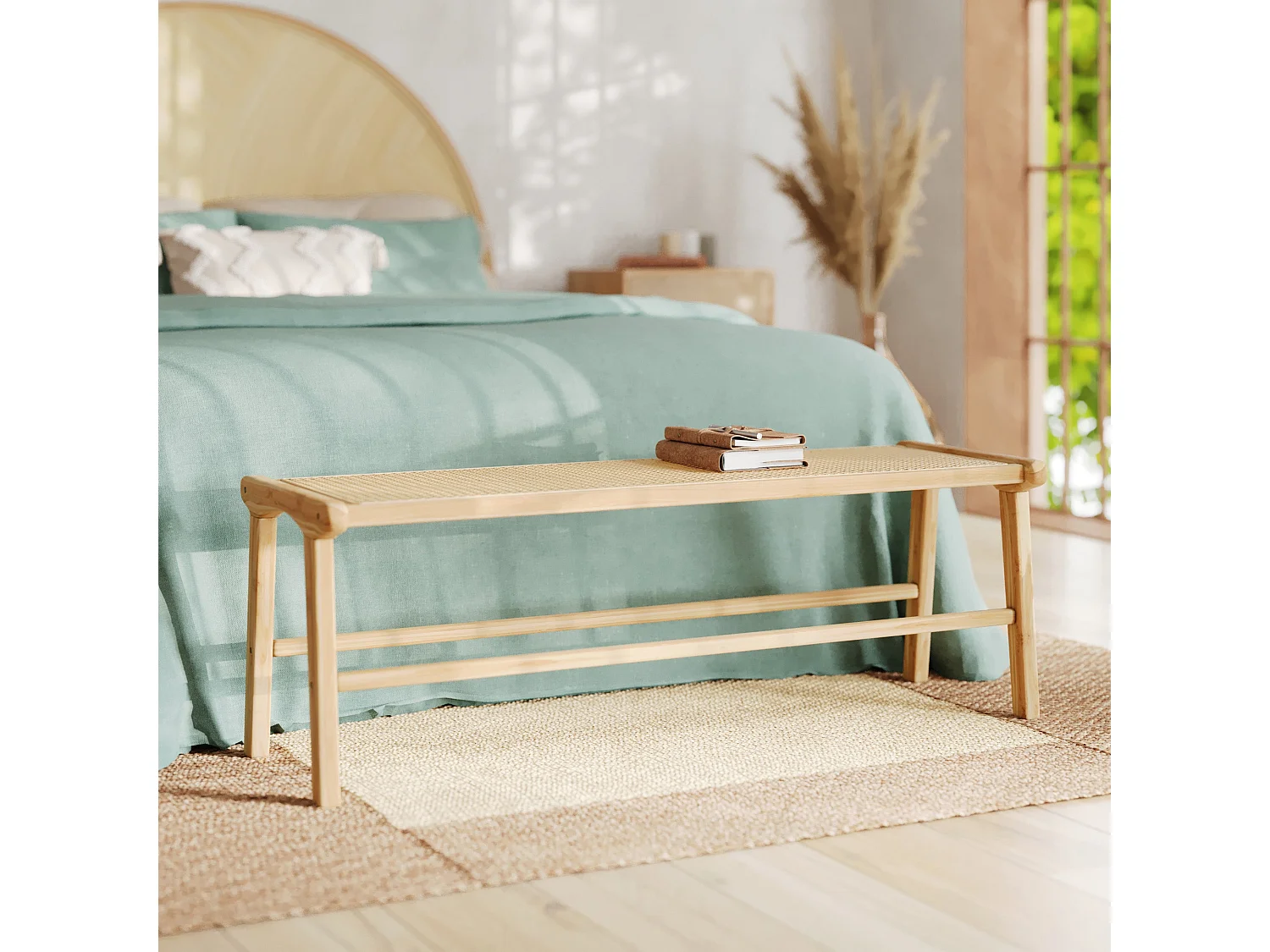 Banco 120 cm de madera de teca y rejilla de ratán - Kuna