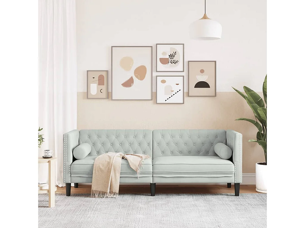 Driezitsbank Chesterfield-stijl met bolsters fluweel lichtgrijs