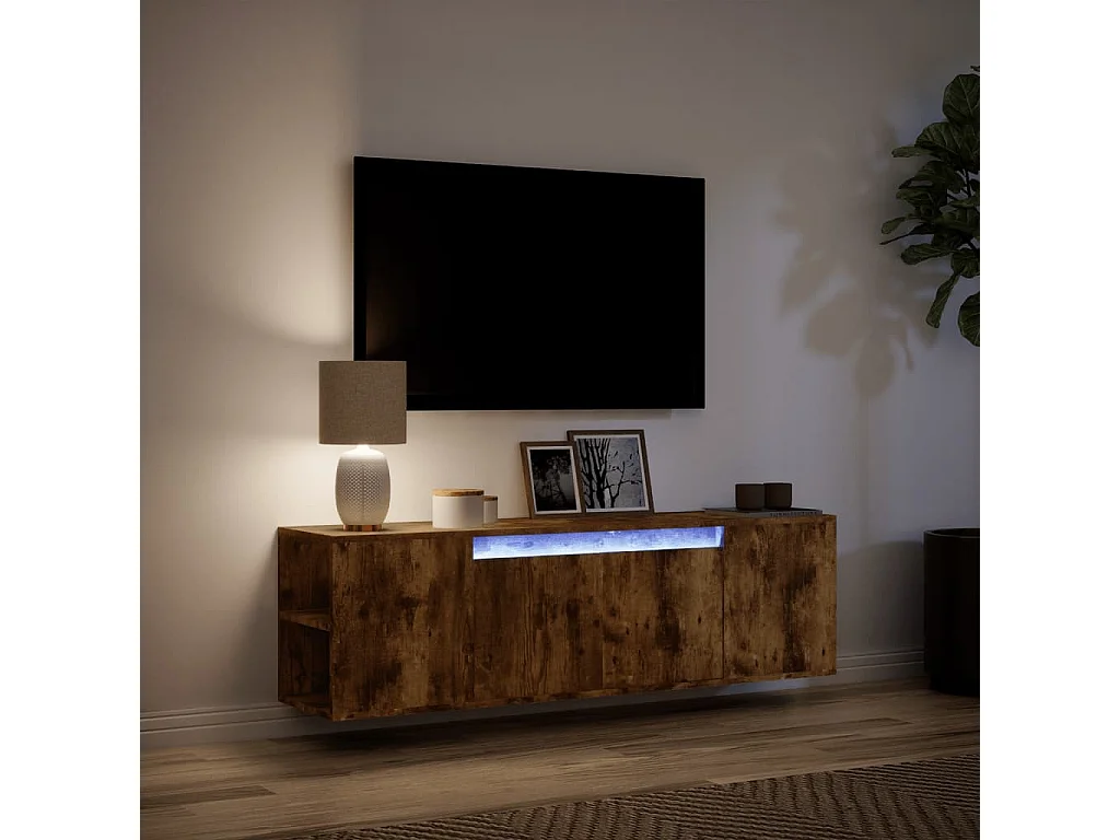 Meuble TV mural avec lumières LED chêne fumé 135x31x39,5 cm