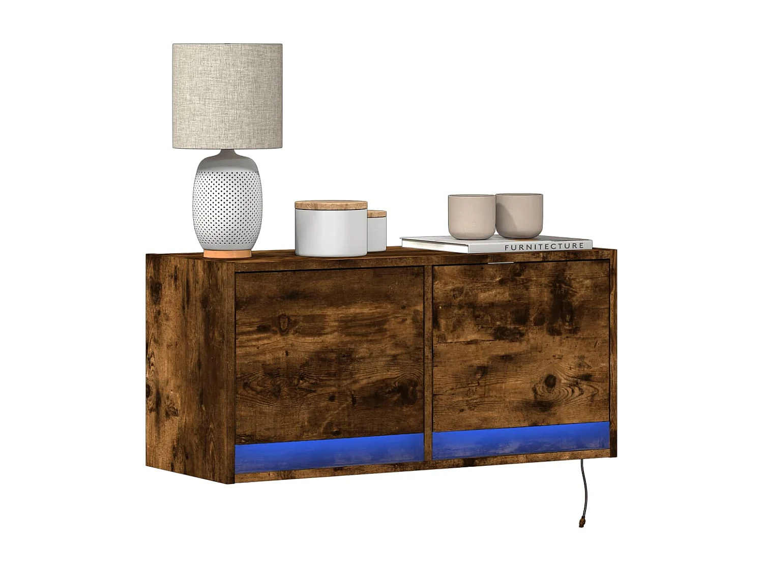 Meuble TV mural avec lumières LED chêne fumé 80x31x35 cm