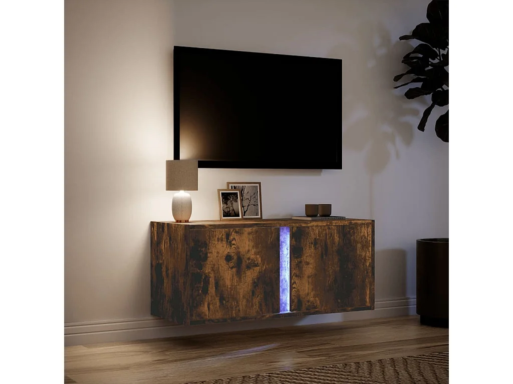 Meuble TV mural avec lumières LED chêne fumé 80x31x35 cm