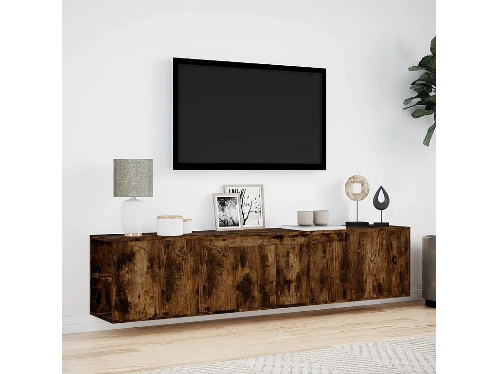 Meuble TV mural avec LED chêne fumé 180x31x39,5 cm