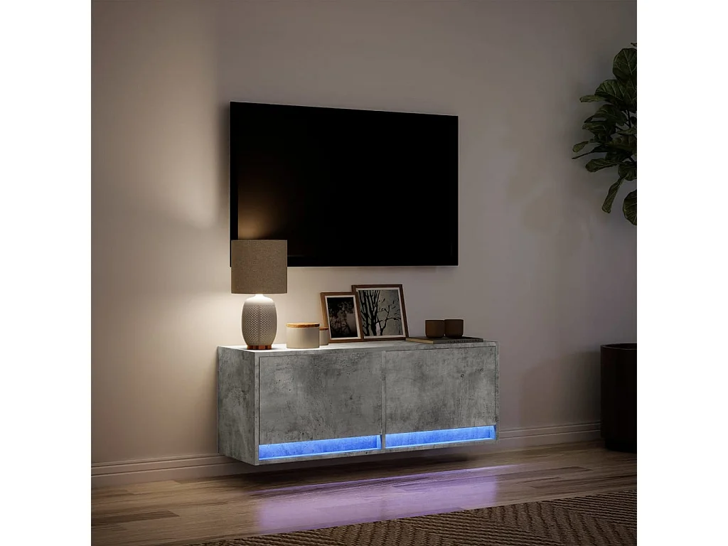 Meuble TV mural avec lumières LED gris béton 100x31x35 cm