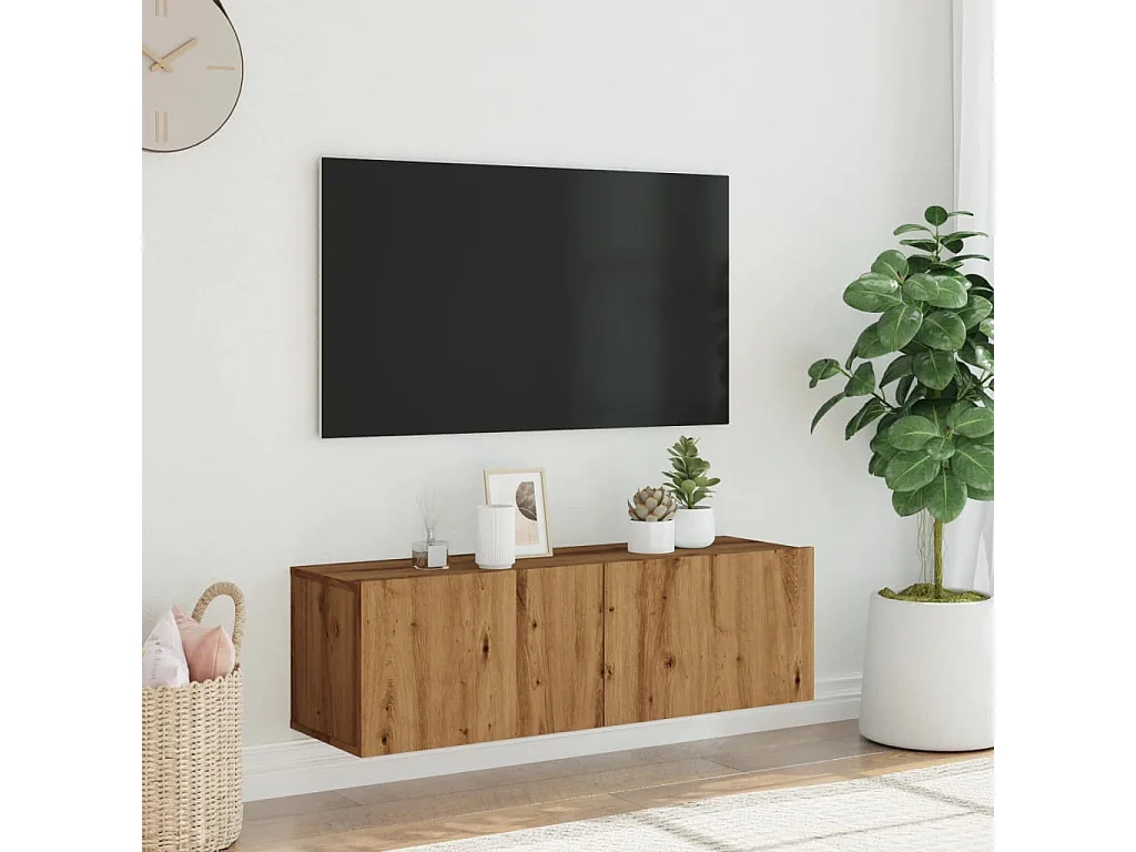 Meuble TV mural chêne artisanal 100x30x30 cm bois d'ingénierie