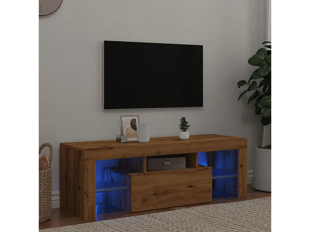 Meuble TV avec lumières LED chêne artisanal bois d'ingénierie