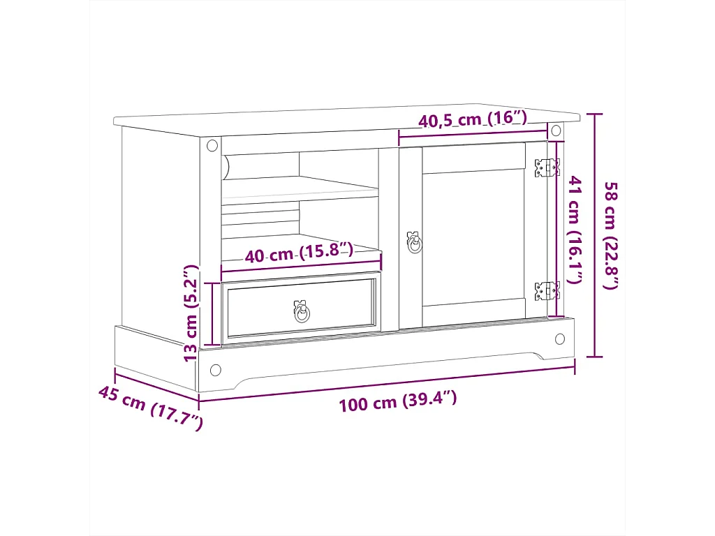 Meuble TV Corona 100x45x58 cm bois de pin massif