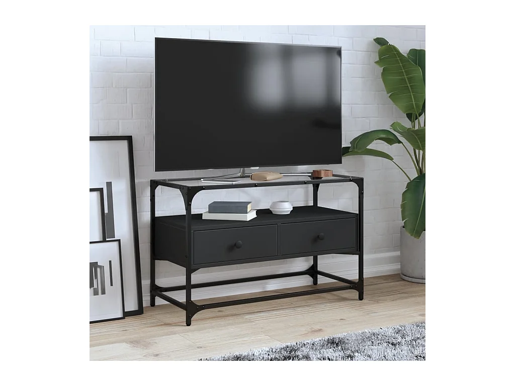 Meuble TV et dessus en verre noir 80x35x51 cm bois d'ingénierie