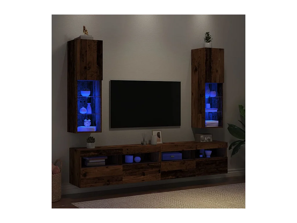 Meubles TV avec lumières LED 2 pièces vieux bois 30,5x30x102 cm