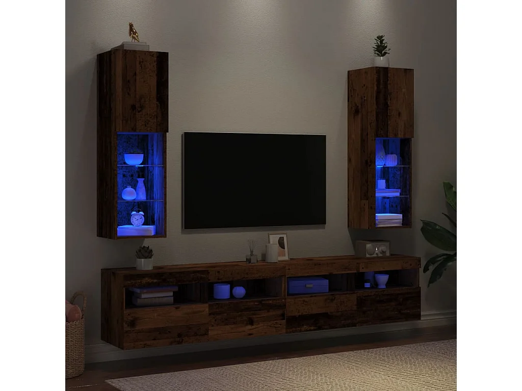Meubles TV avec lumières LED 2 pièces vieux bois 30,5x30x102 cm