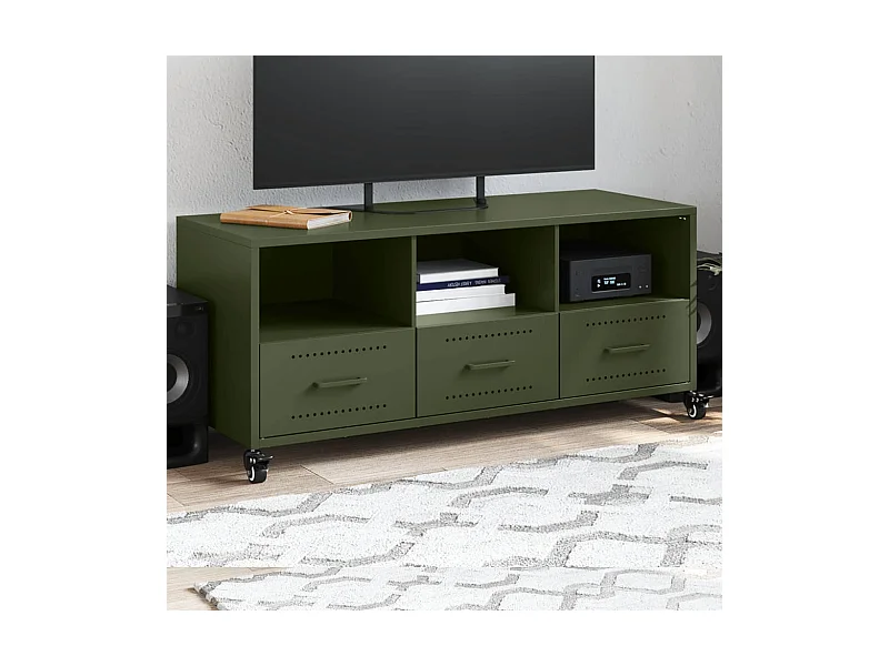 Meuble TV vert olive 100,5x39x43,5 cm acier laminé à froid