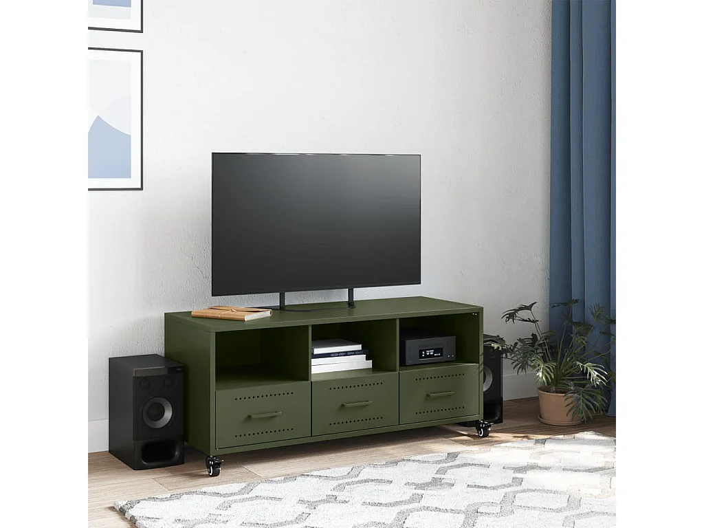 Meuble TV vert olive 100,5x39x43,5 cm acier laminé à froid