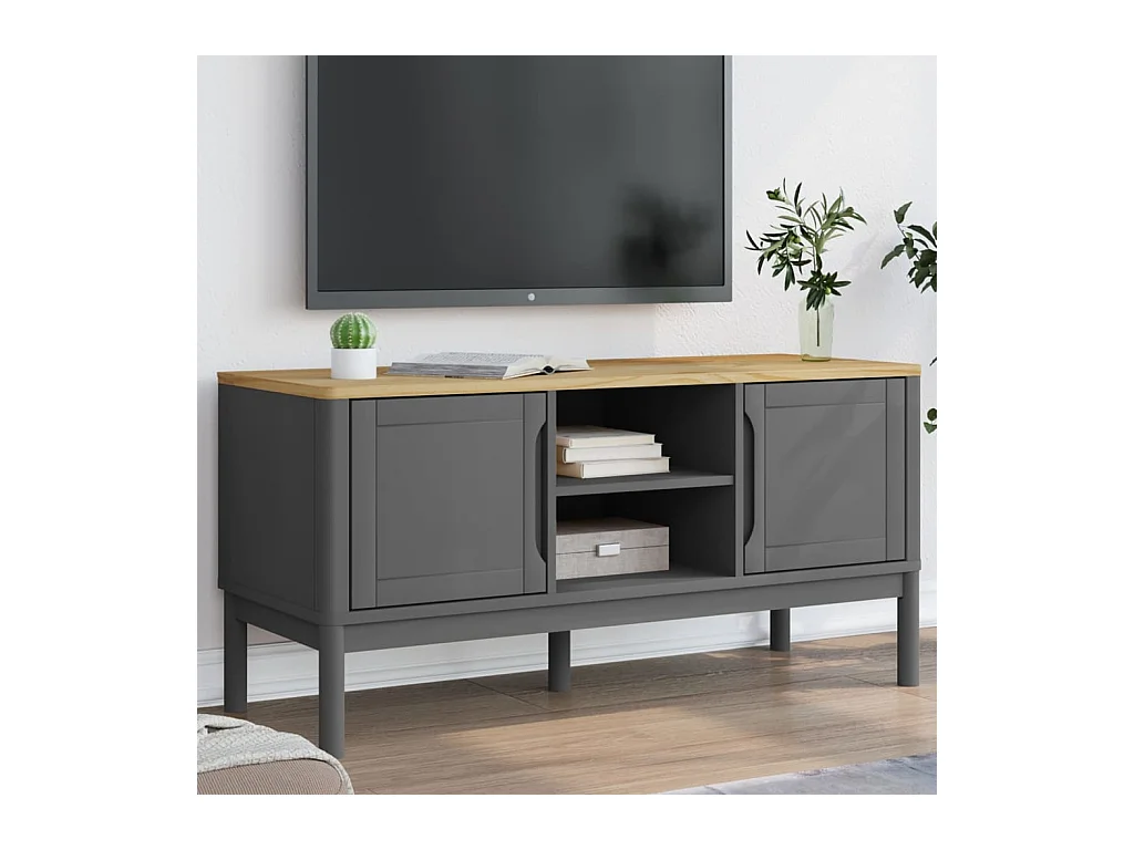 Meuble TV FLORO gris 114x43x55 cm bois massif de pin