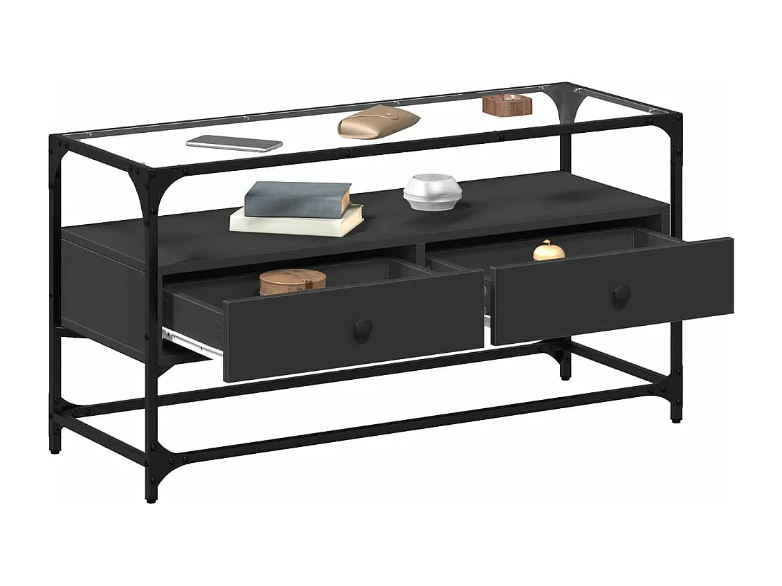 Meuble TV et dessus en verre noir 80x35x51 cm bois d'ingénierie