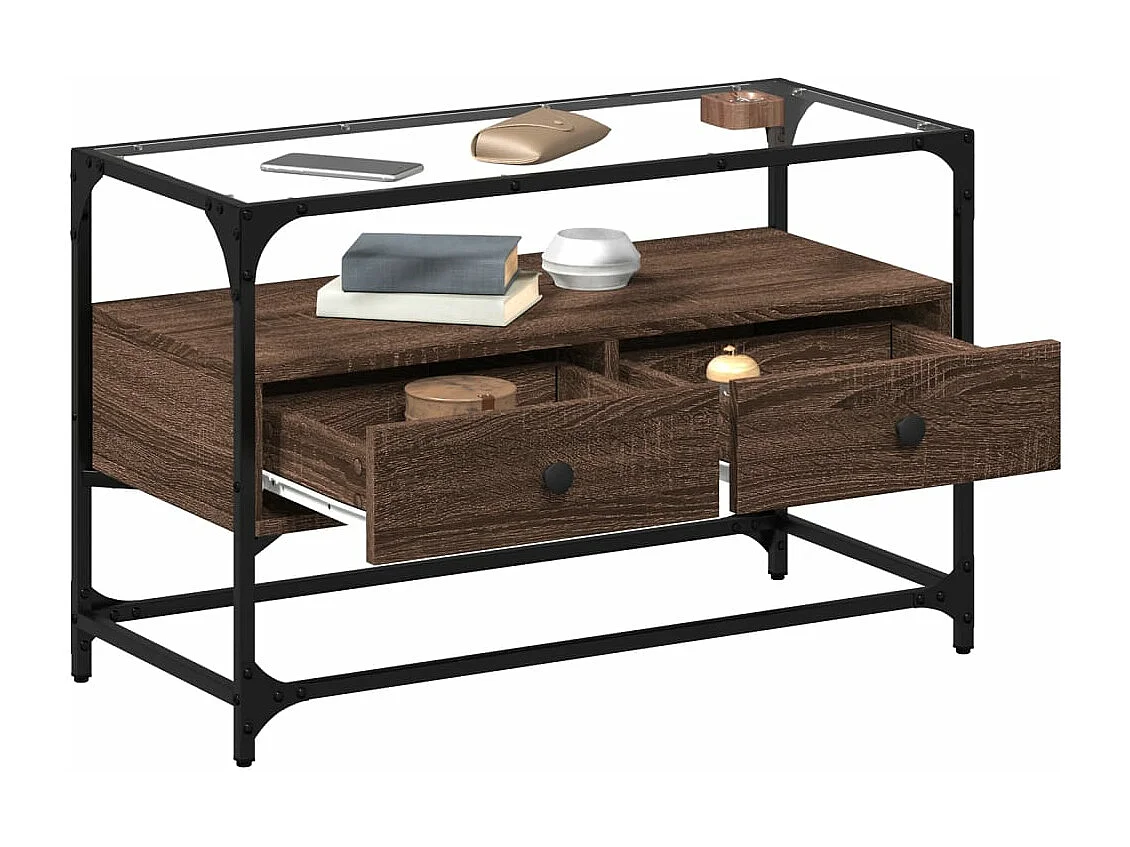 Meuble TV avec dessus en verre chêne marron bois d'ingénierie