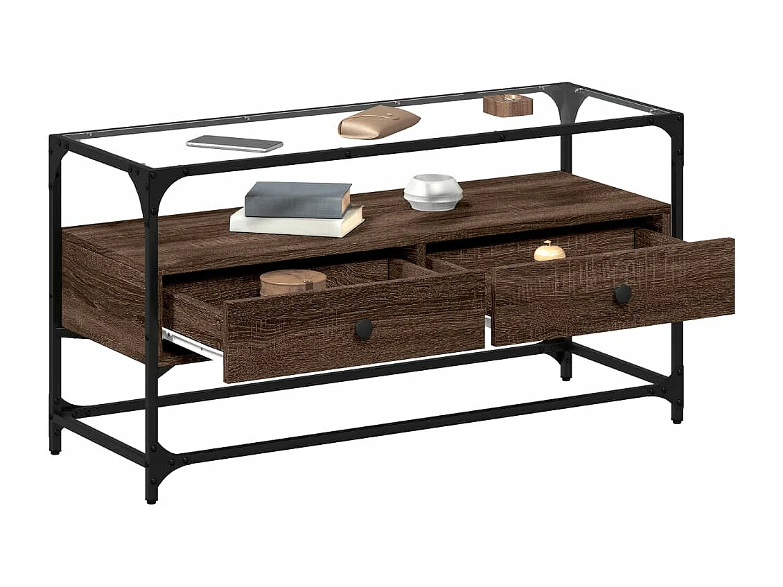 Meuble TV avec dessus en verre chêne marron bois d'ingénierie