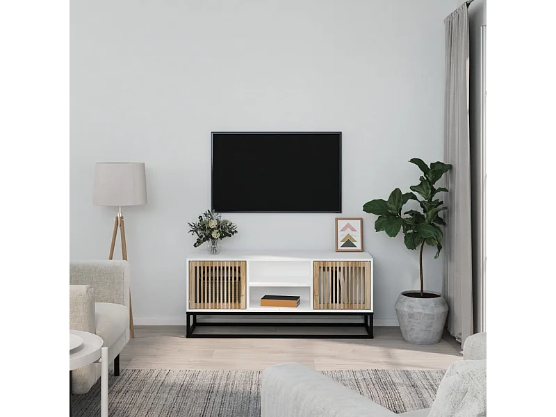 Meuble TV blanc 105x30x45 cm bois d'ingénierie et fer