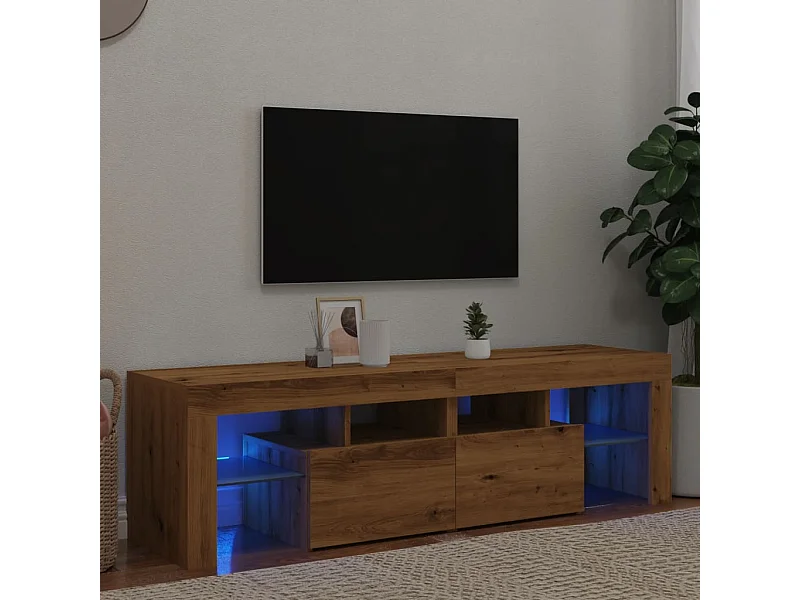 Tv-meubel met LED 140x36,5x40 cm bewerkt hout artisanaal eiken
