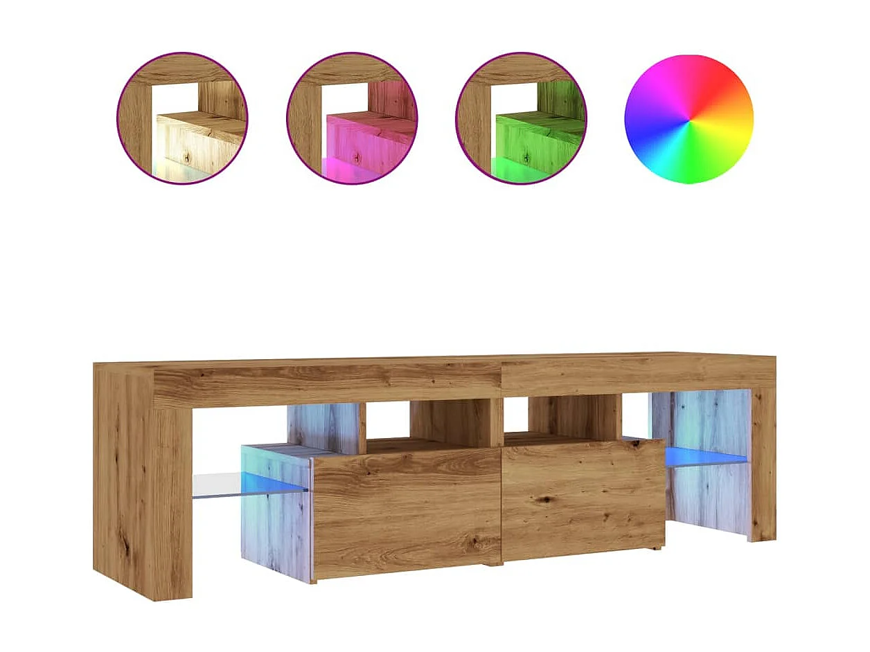 Tv-meubel met LED 140x36,5x40 cm bewerkt hout artisanaal eiken