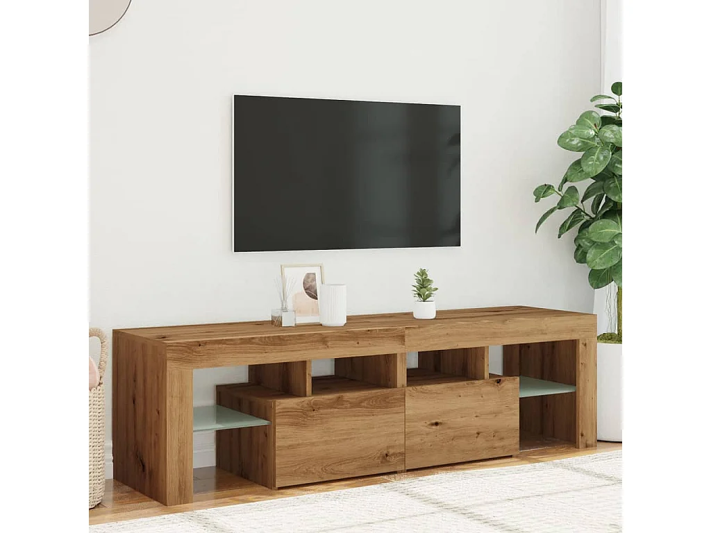 Tv-meubel met LED 140x36,5x40 cm bewerkt hout artisanaal eiken