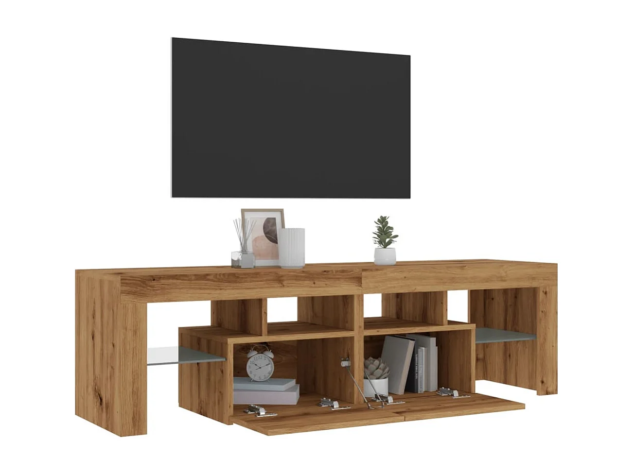 Tv-meubel met LED 140x36,5x40 cm bewerkt hout artisanaal eiken