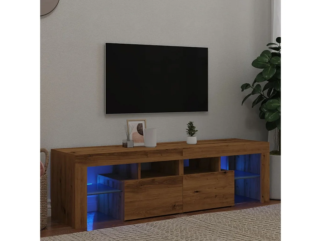Meuble TV avec lumières LED chêne artisanal bois d'ingénierie