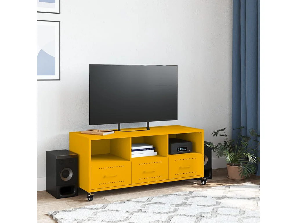 Meuble TV jaune moutarde 100,5x39x43,5 cm acier laminé à froid