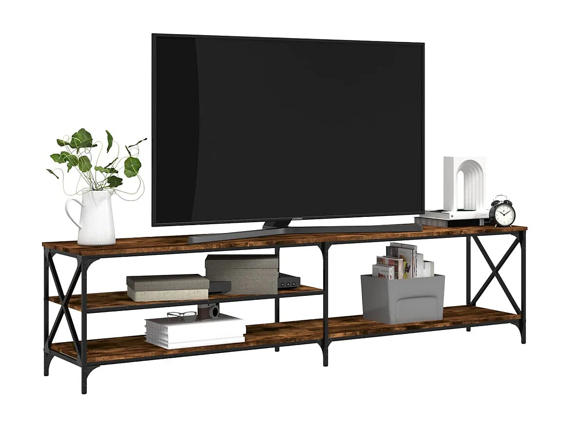 Meuble TV chêne fumé 200x40x50 cm bois d'ingénierie et métal