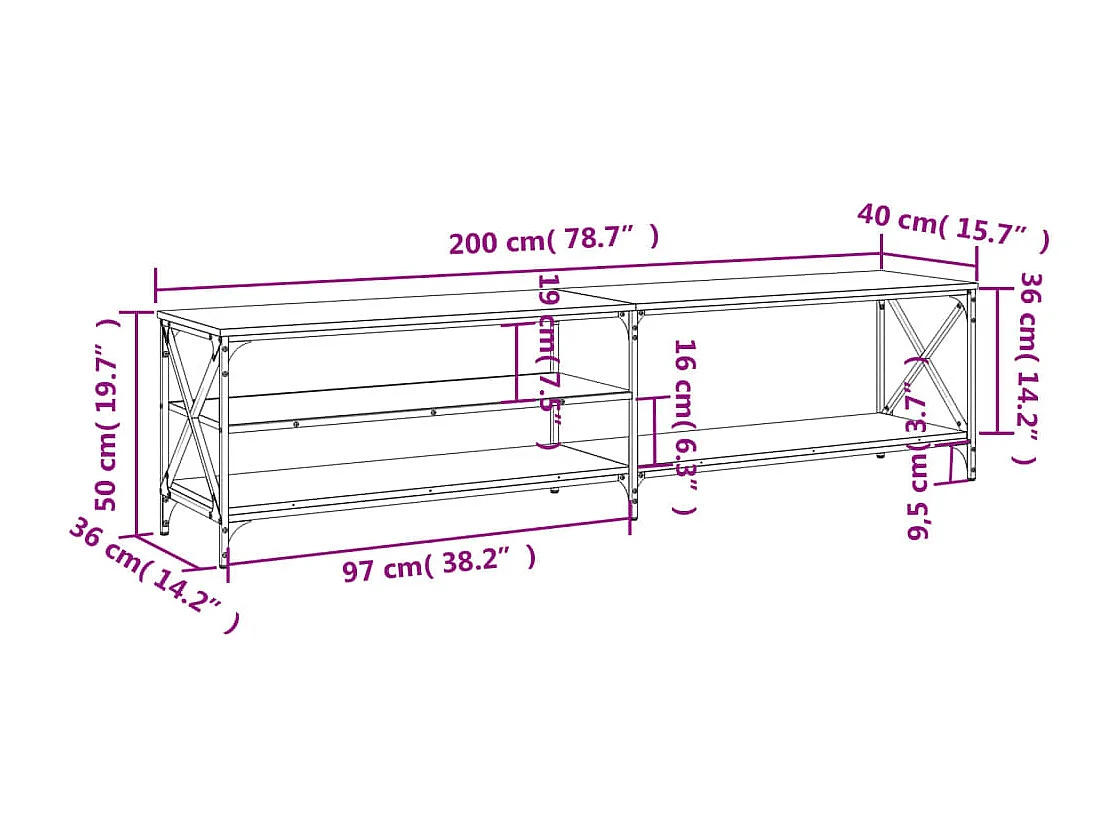 Meuble TV chêne fumé 200x40x50 cm bois d'ingénierie et métal
