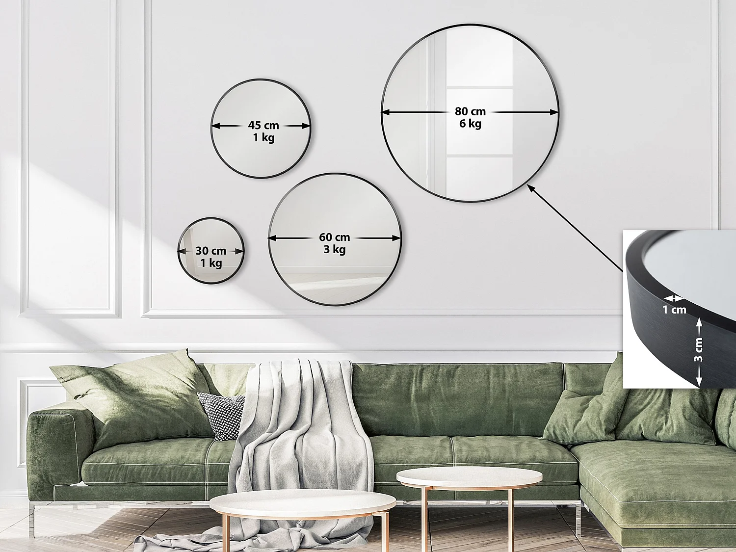 Miroir mural - rond Ø 30 cm - Métal - Noir - Elsie