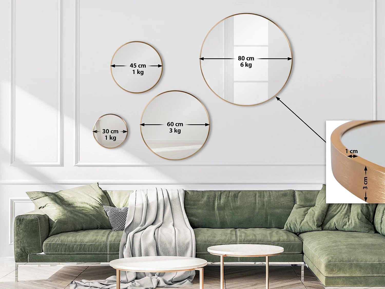 Miroir mural - rond Ø 80 cm - Métal - gold matt - Elsie